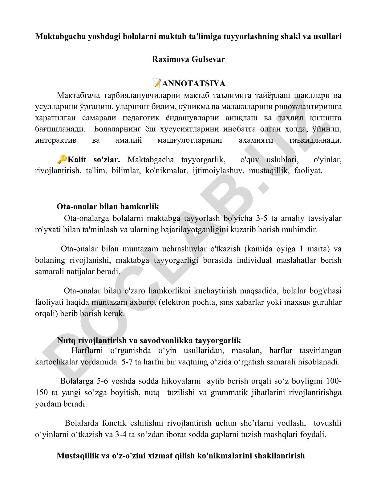 Maktabgacha yoshdagi bolalarni maktab ta'limiga tayyorlashning shakl va usullari