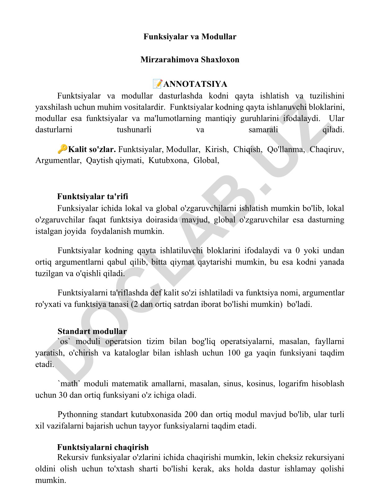 Funksiyalar va modullar dasturlashda kodni qayta ishlatish