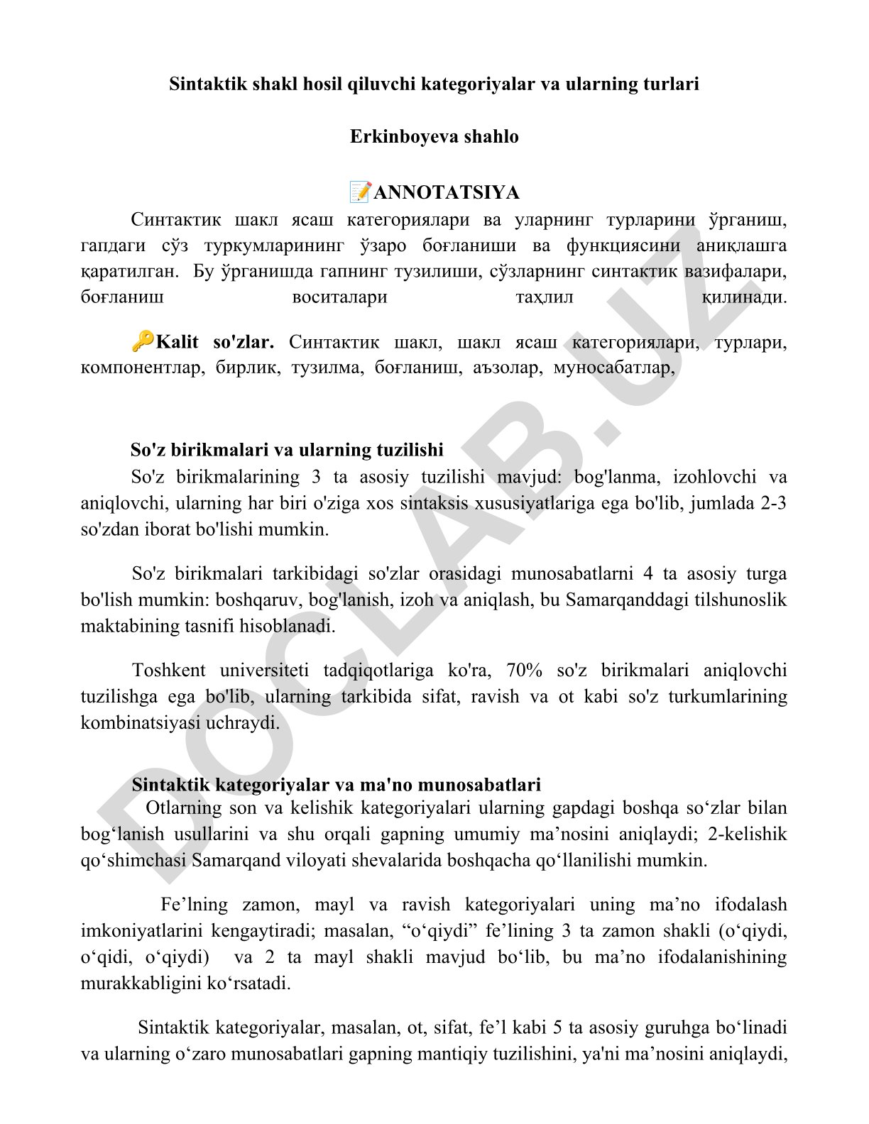 Sintaktik shakl hosil qiluvchi kategoriyalar va ularning turlari