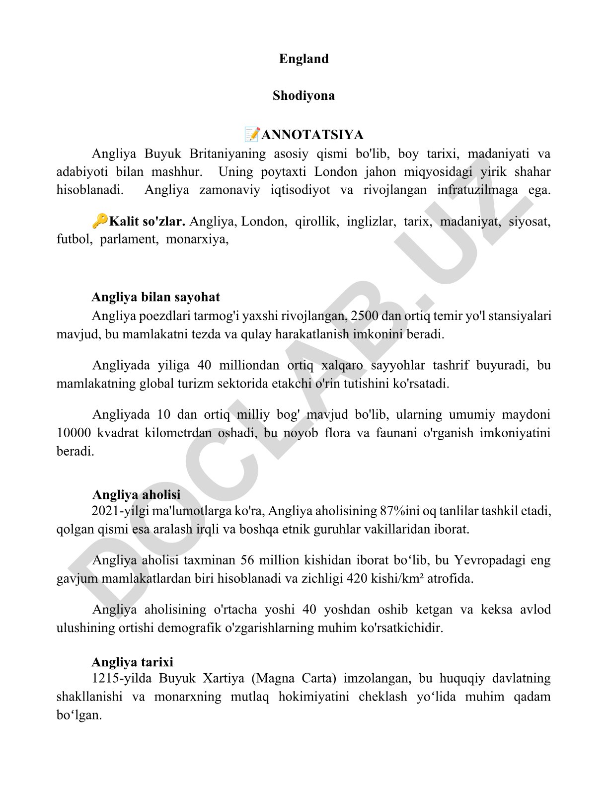 Angliyaning tarixi, madaniyati va iqtisodiyoti
