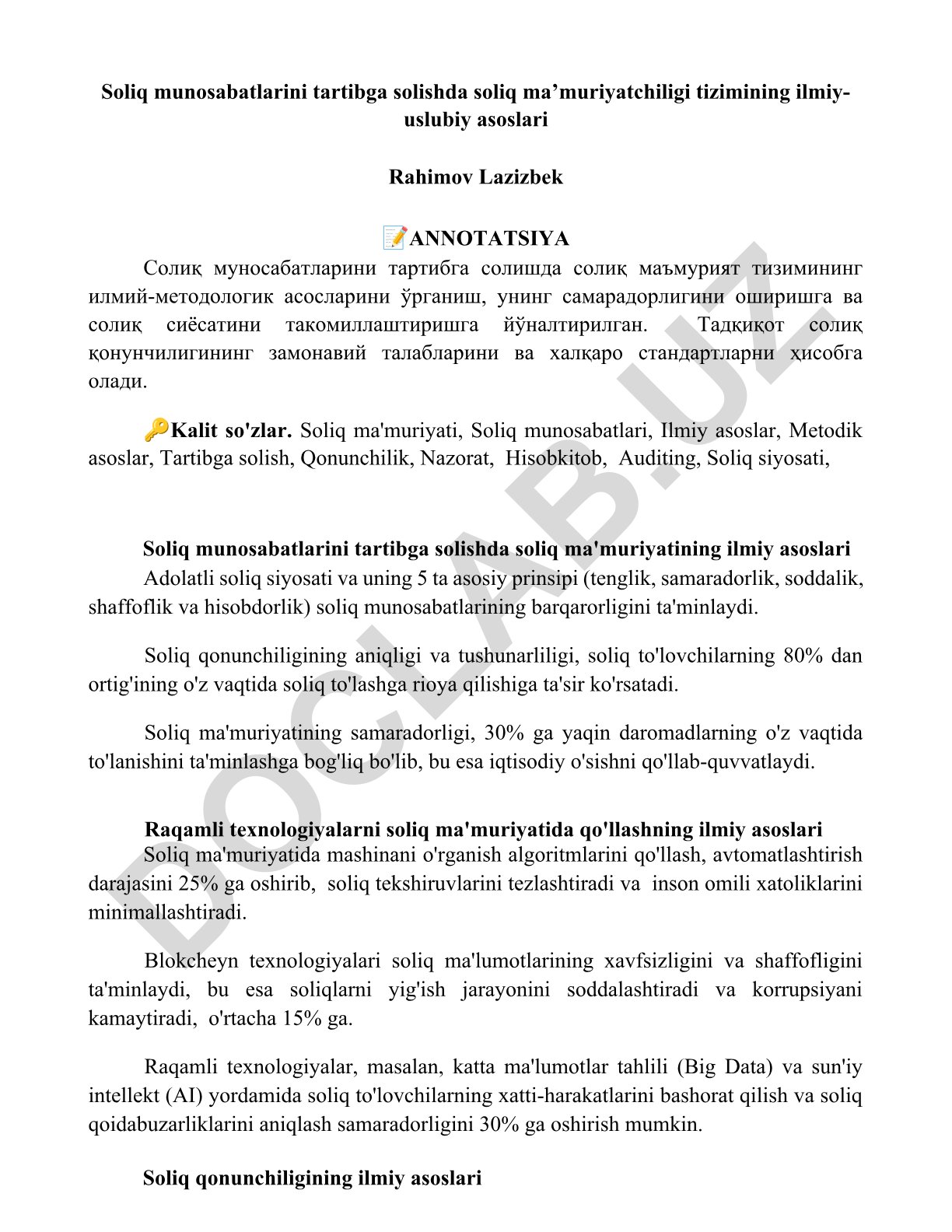 Soliq munosabatlarini tartibga solishda soliq ma'muriyatchiligi tizimining ilmiy-uslubiy asoslari