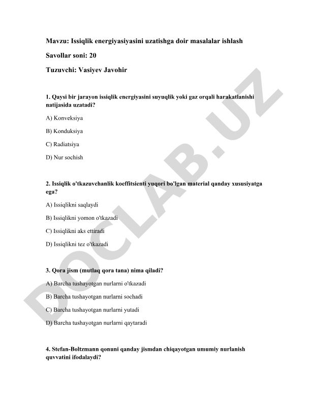 Issiqlik energiyasini uzatishga doir masalalar ishlash