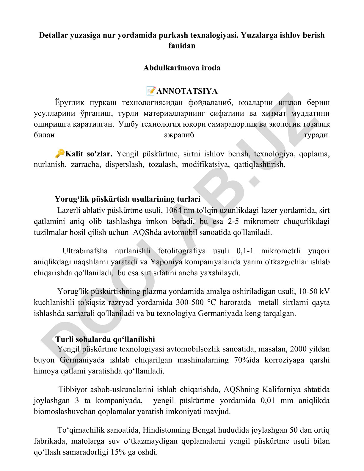Detallar yuzasiga nur yordamida purkash texnalogiyasi