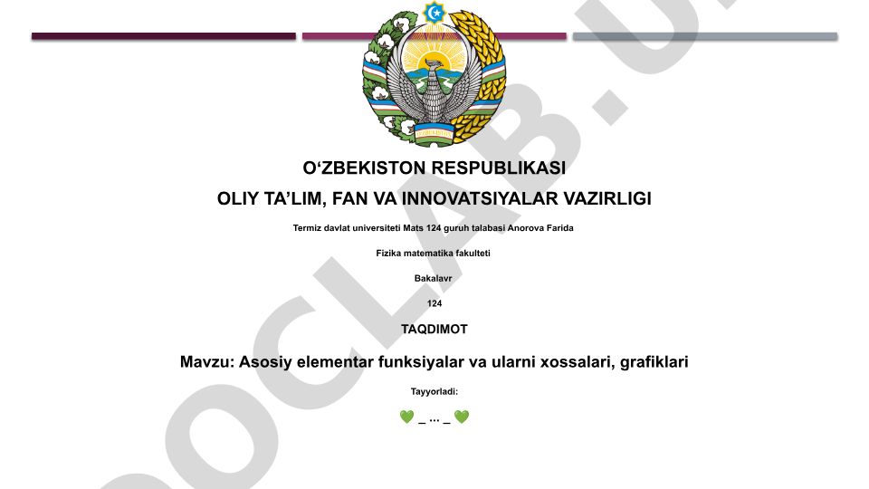 Asosiy elementar funksiyalar va ularni xossalari, grafiklari