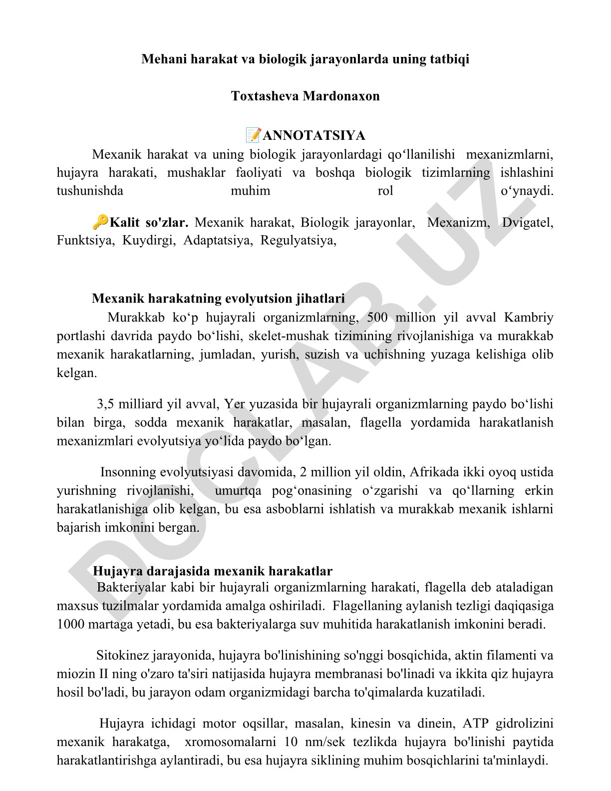 Mexanik harakat va uning biologik jarayonlardagi qoʻllanilishi