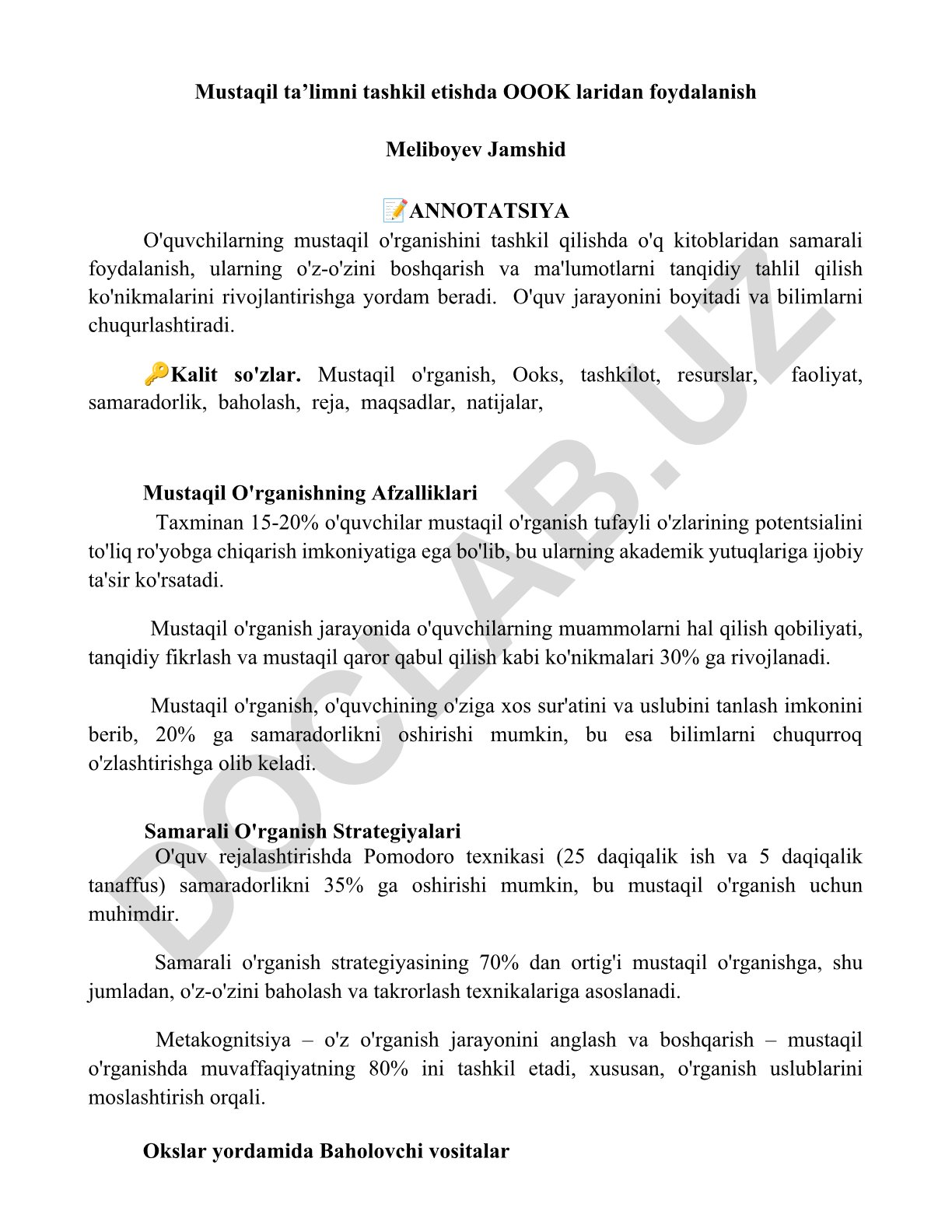 Mustaqil ta'limni tashkil etishda OOOK lardan foydalanish