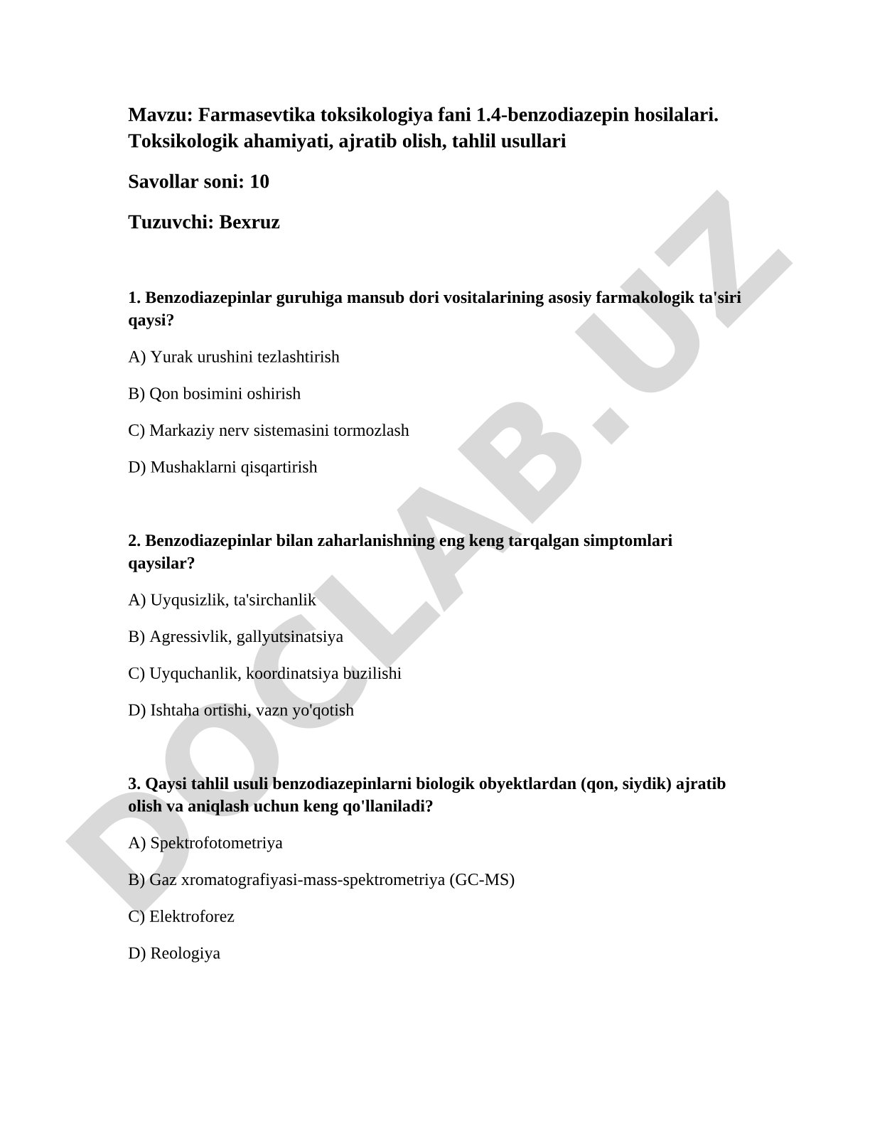 Farmasevtika toksikologiya fani 1.4-benzodiazepin hosilalari. Toksikologik ahamiyati, ajratib olish, tahlil usullari
