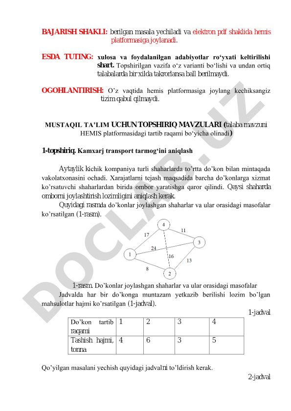Kamxarj transport tarmog'ini aniqlash masalasi