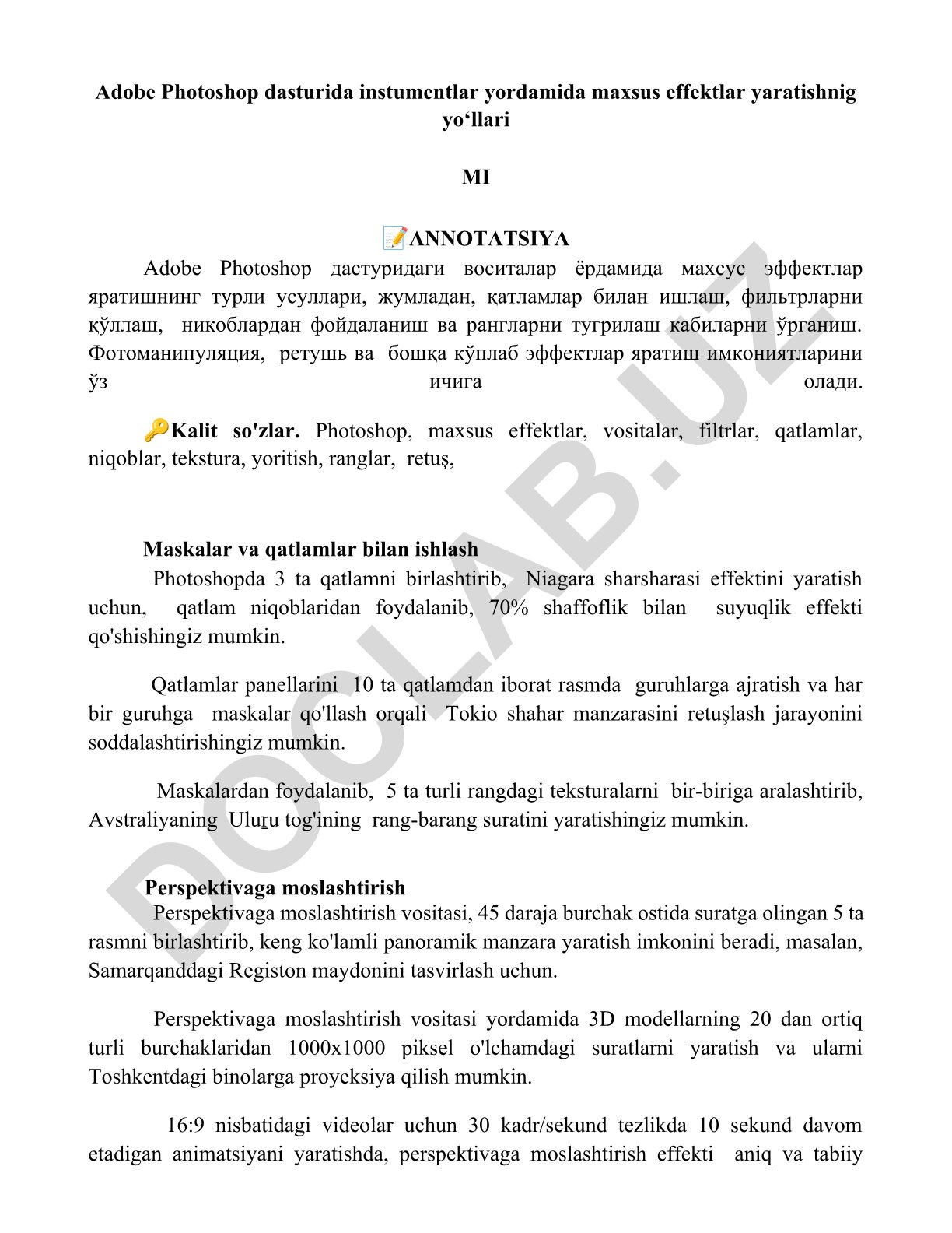 Adobe Photoshop dasturida vositalar yordamida maxsus effektlar yaratish