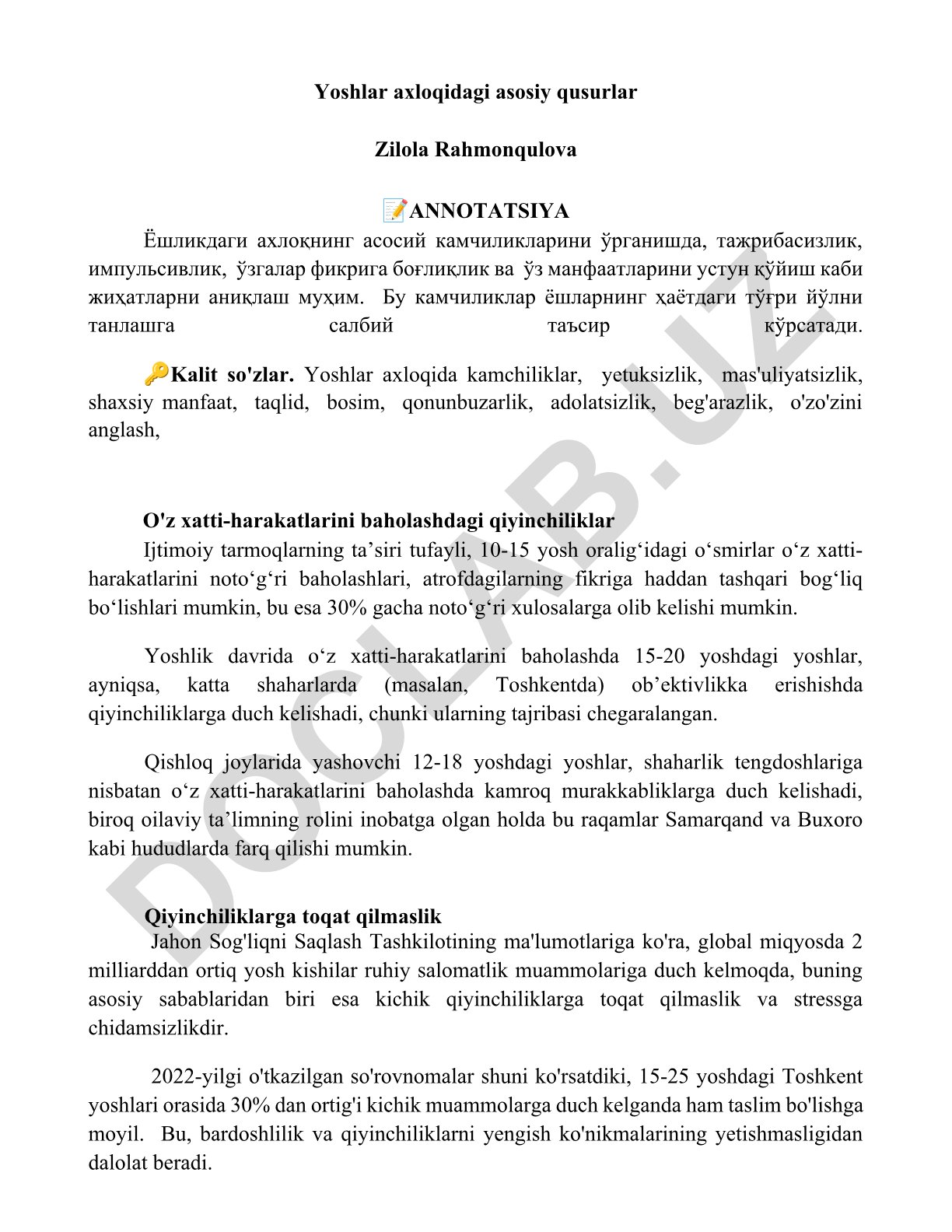 Yoshlar axloqidagi asosiy kamchiliklar va ularning sabablari