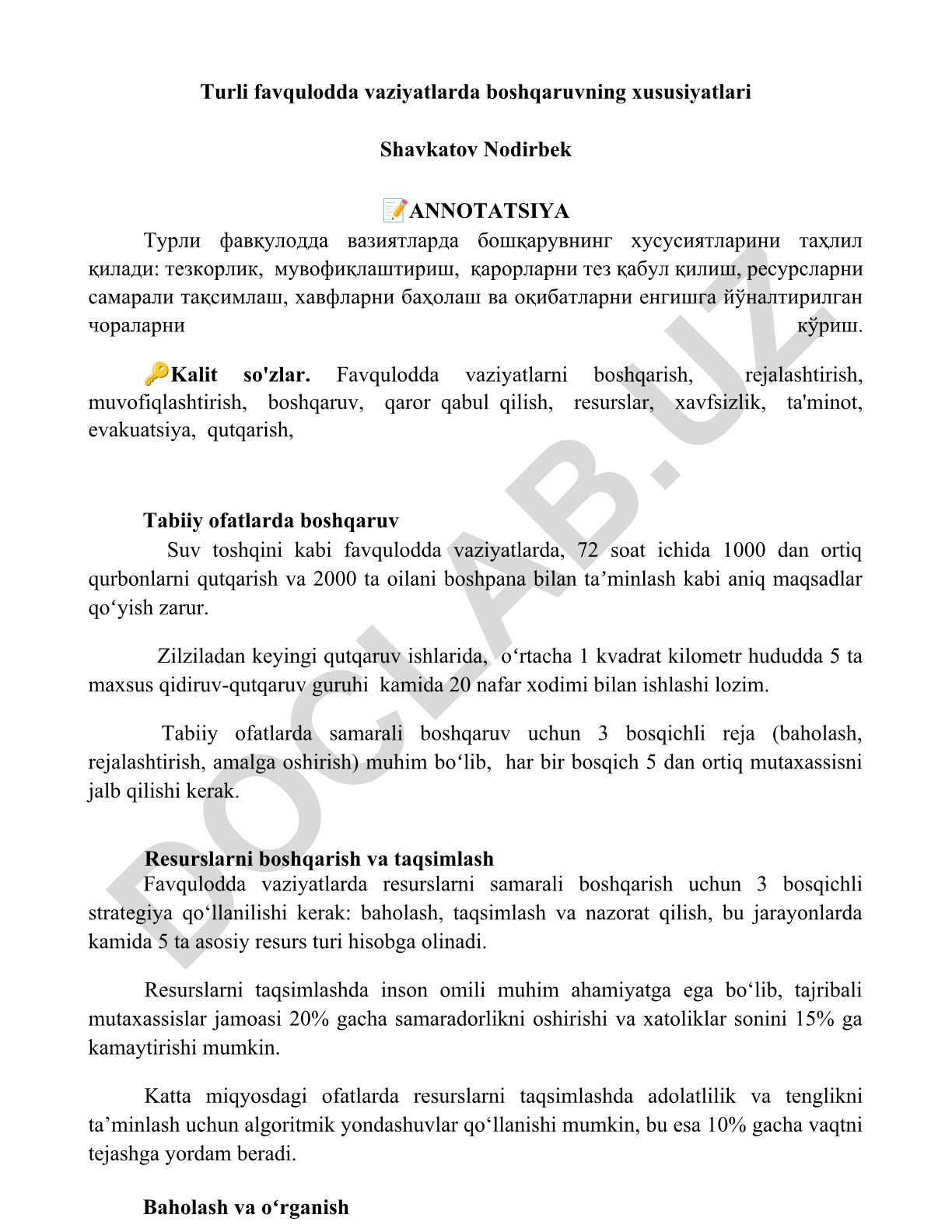 Turli favqulodda vaziyatlarda boshqaruvning xususiyatlari