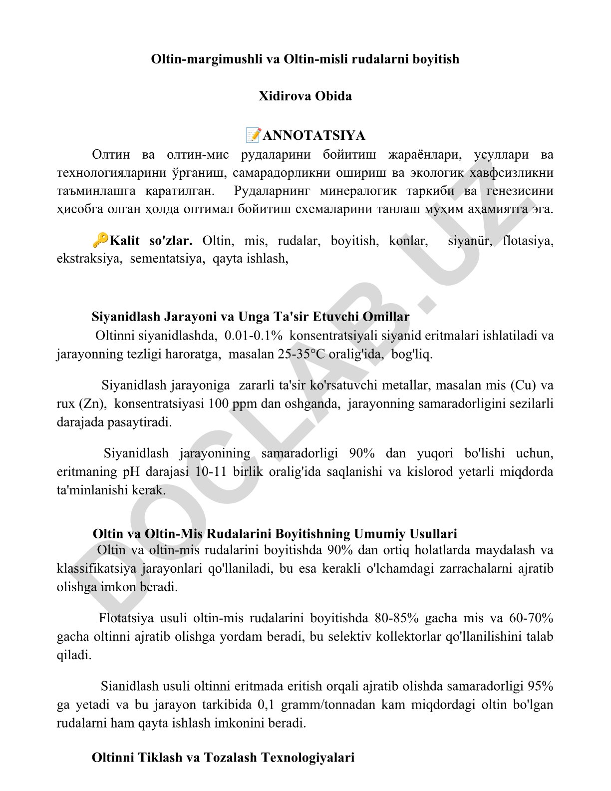 Oltin va oltin-mis rudalarini boyitish jarayonlari va texnologiyalari