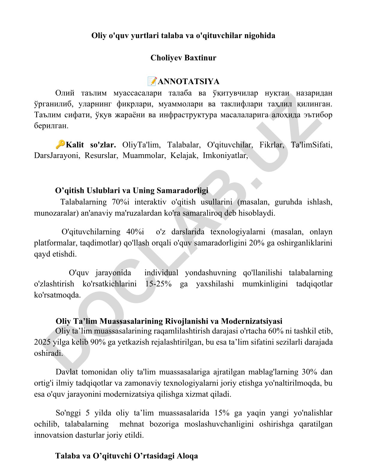 Oliy ta'lim muassasalarida ta'lim sifatini oshirish imkoniyatlari