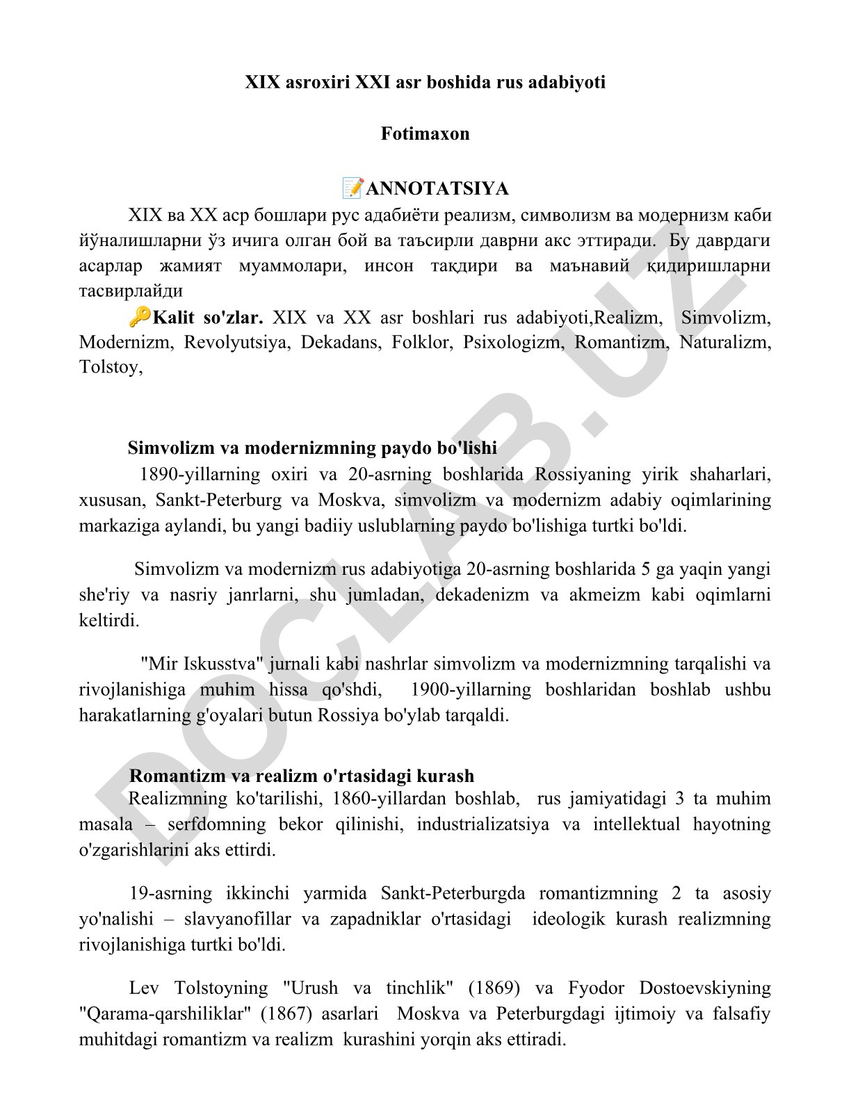 XIX asr oxiri va XX asr boshida rus adabiyoti
