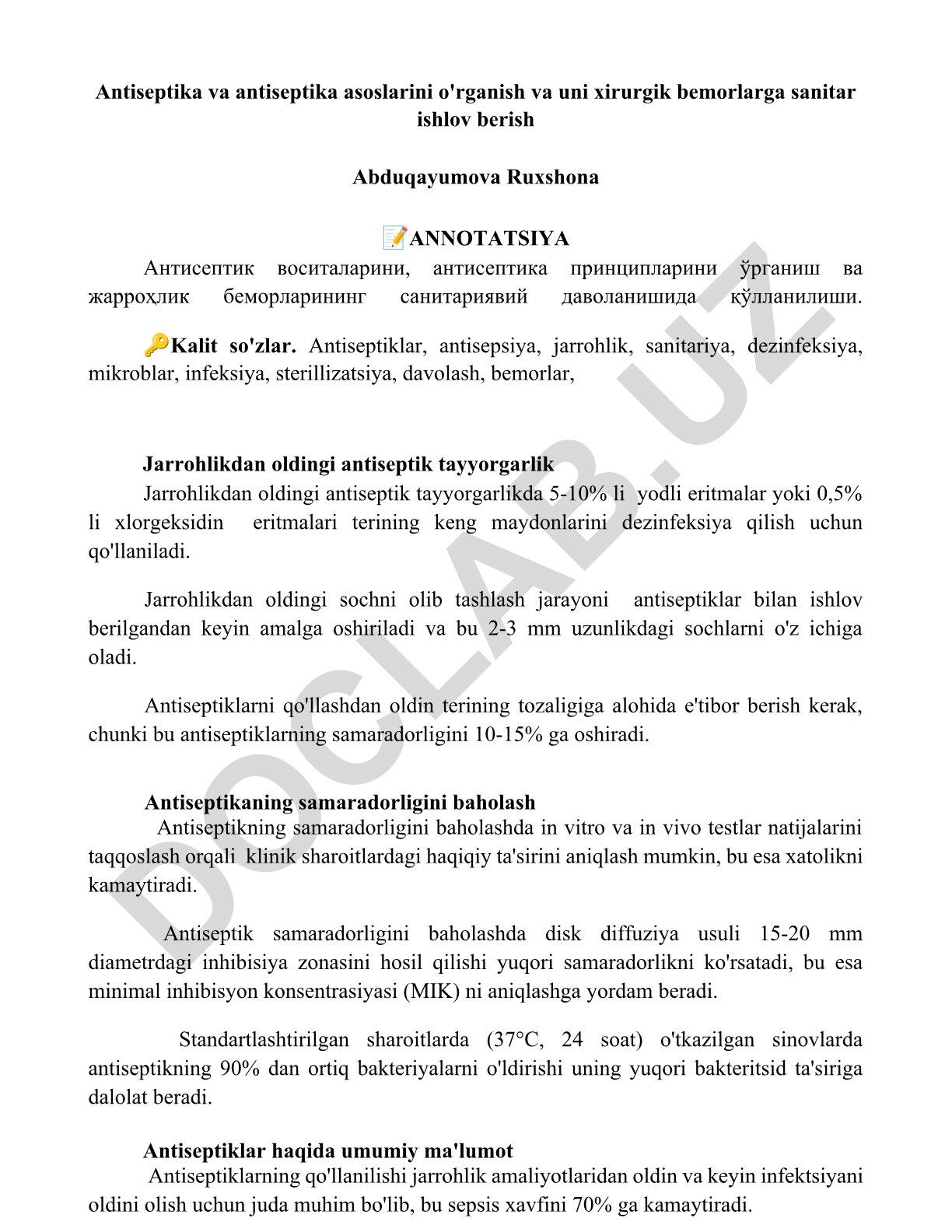 Antiseptika va antiseptika asoslarini o'rganish va uni xirurgik bemorlarga sanitar ishlov berish