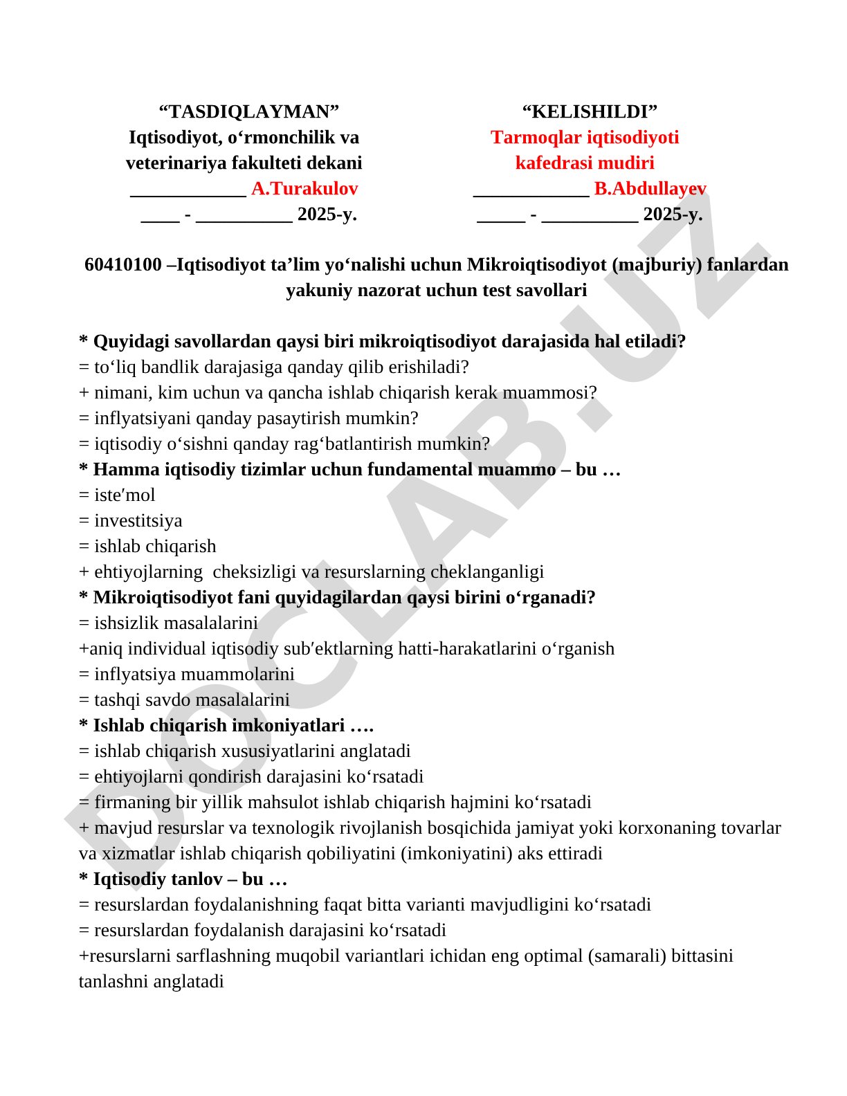 Mikroiqtisodiyot fanidan yakuniy nazorat test savollari