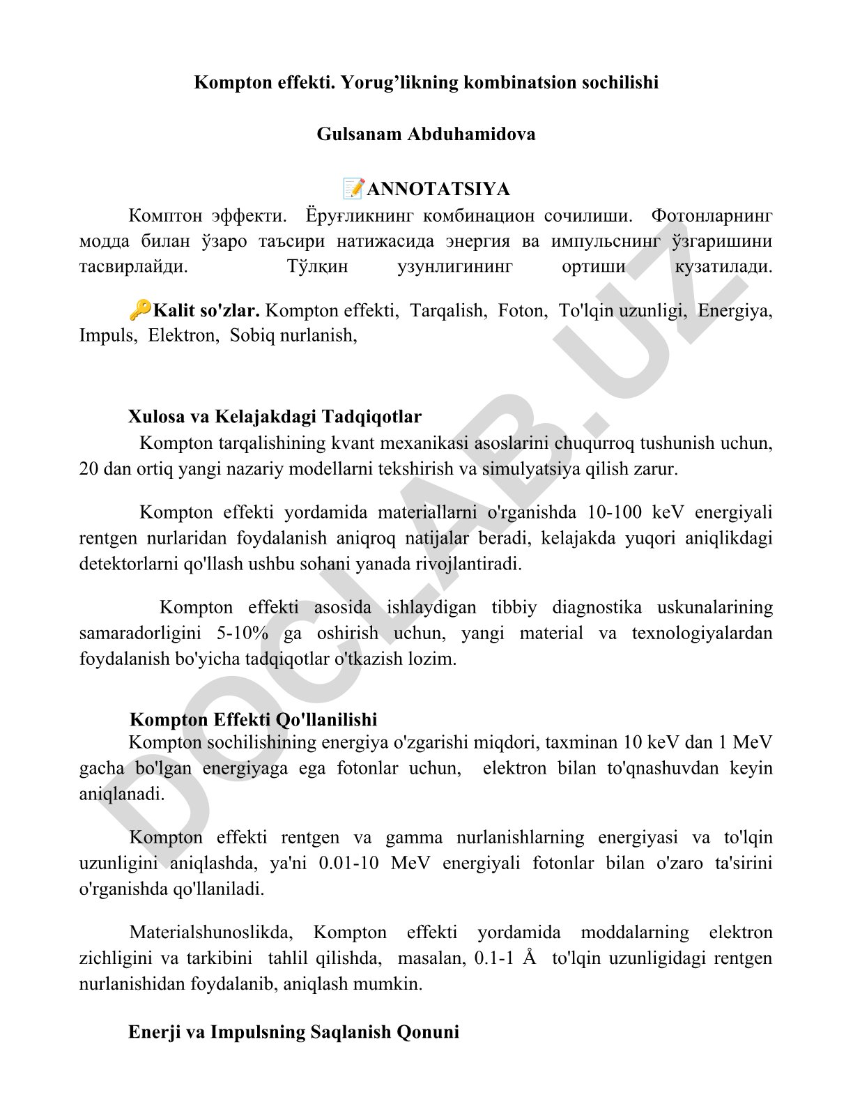 Kompton effekti va yorug'likning kombinatsion sochilishi