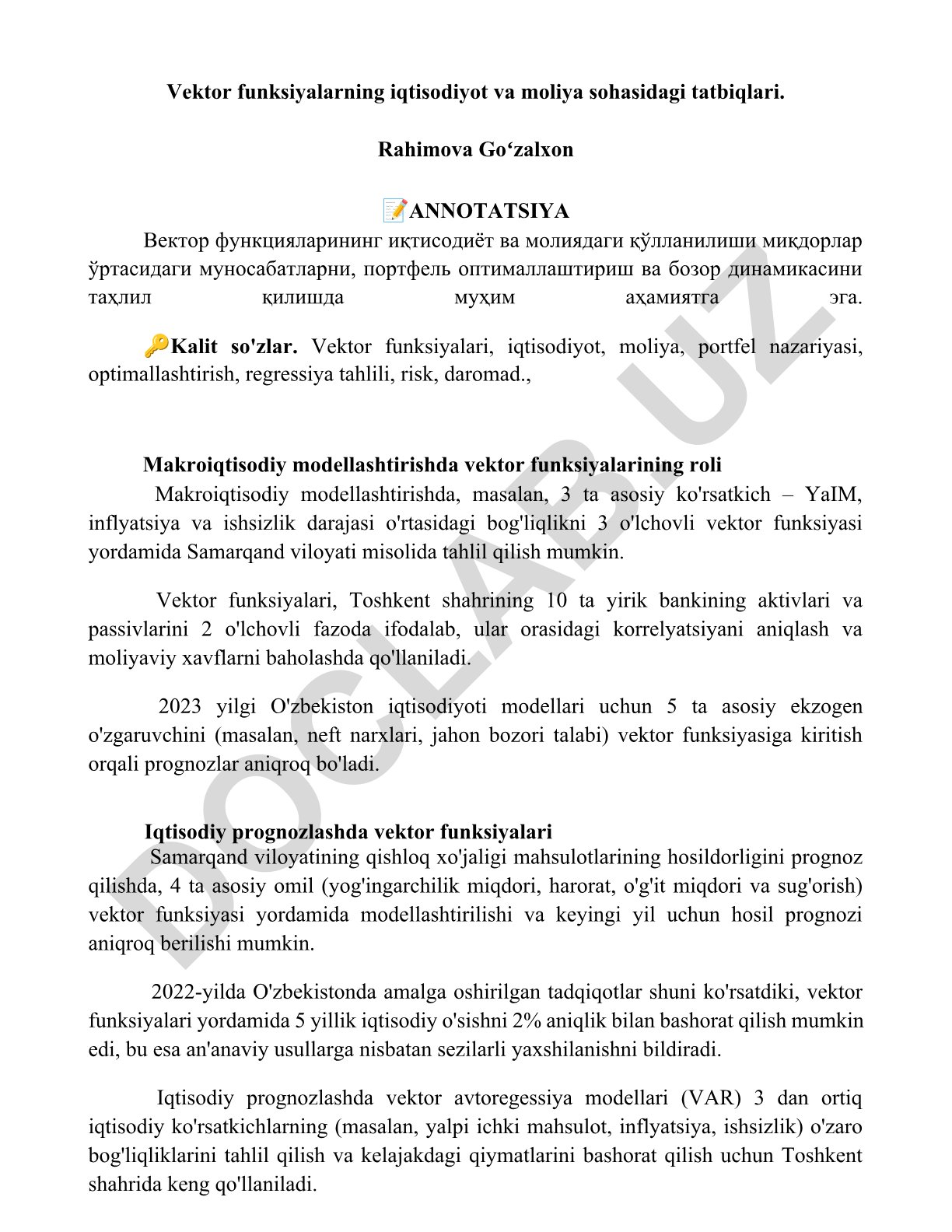 Vektor funksiyalarning iqtisodiyot va moliya sohasidagi tatbiqlari