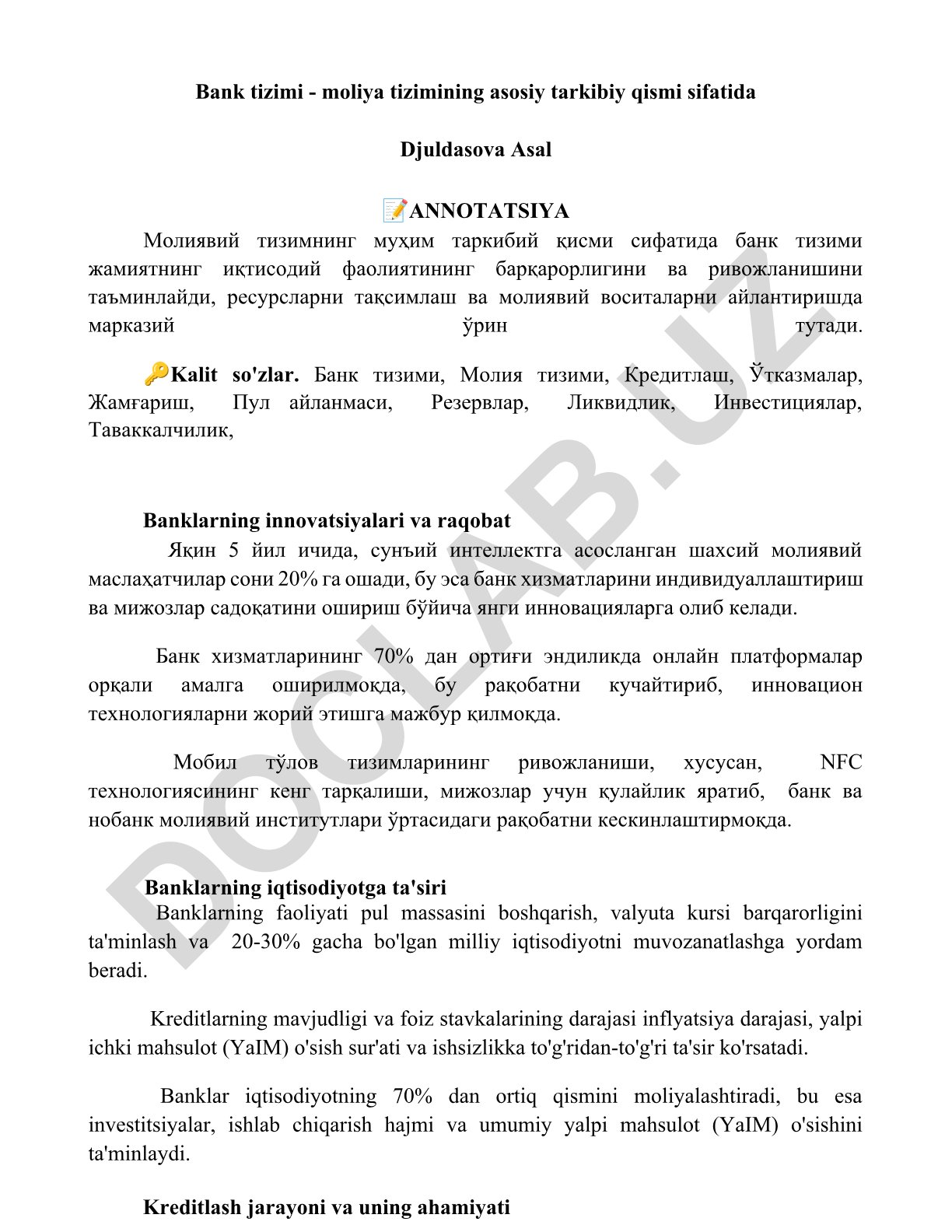 Bank tizimi - moliya tizimining asosiy tarkibiy qismi