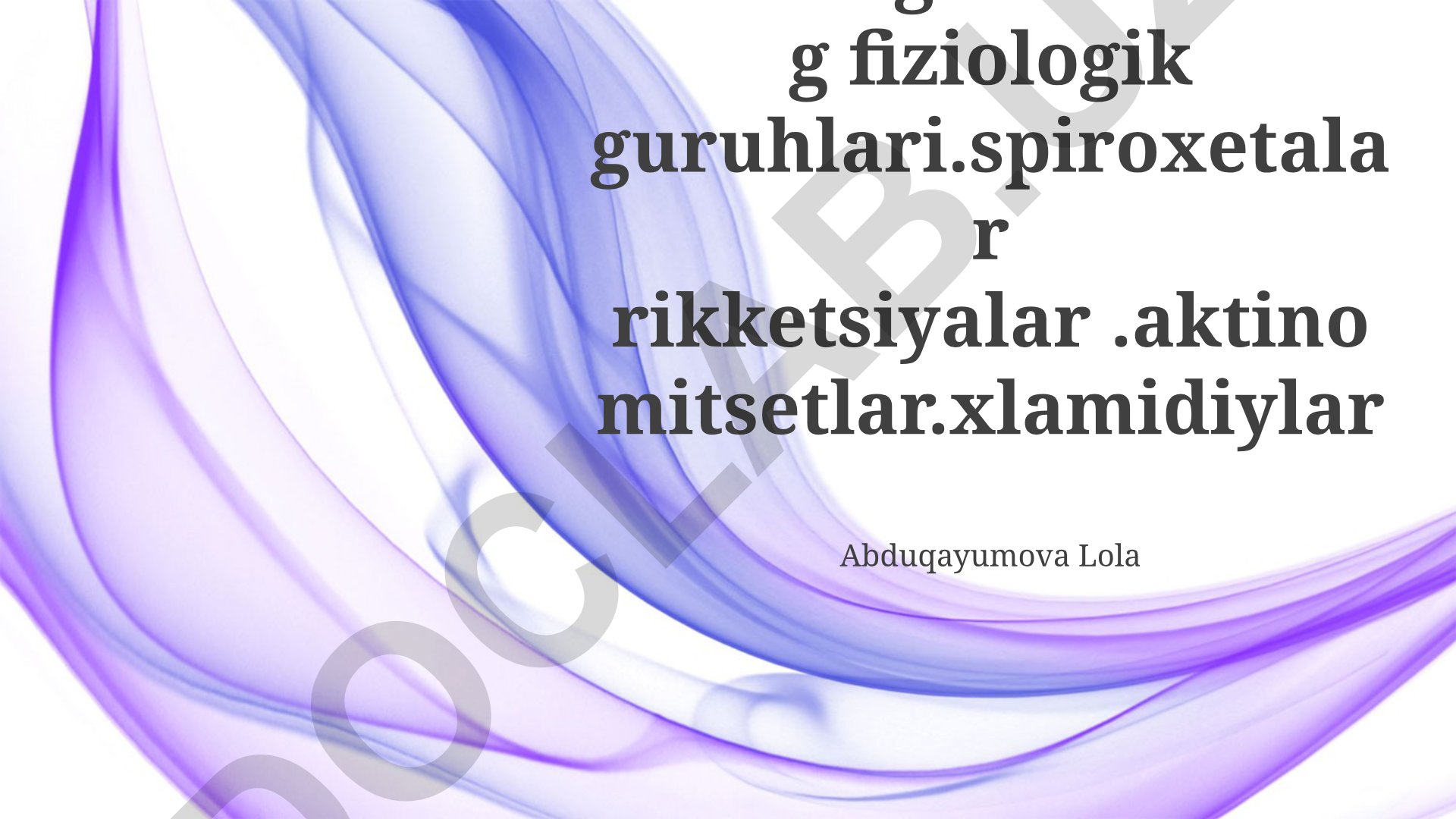 Mikroorganizmlarning fiziologik guruhlari: Spiroxetalar, Rikketsiyalar, Aktinomitsitlar va Xlamidiyalar