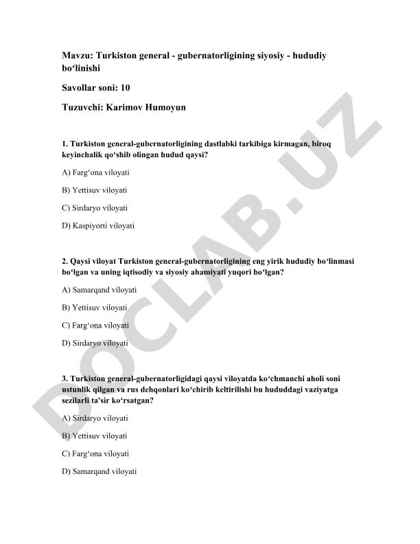 Turkiston general-gubernatorligining siyosiy-hududiy boʻlinishi