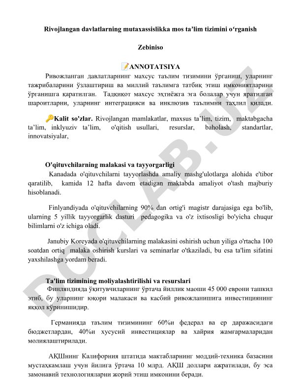 Rivojlangan davlatlarning mutaxassislikka mos taʼlim tizimini oʻrganish