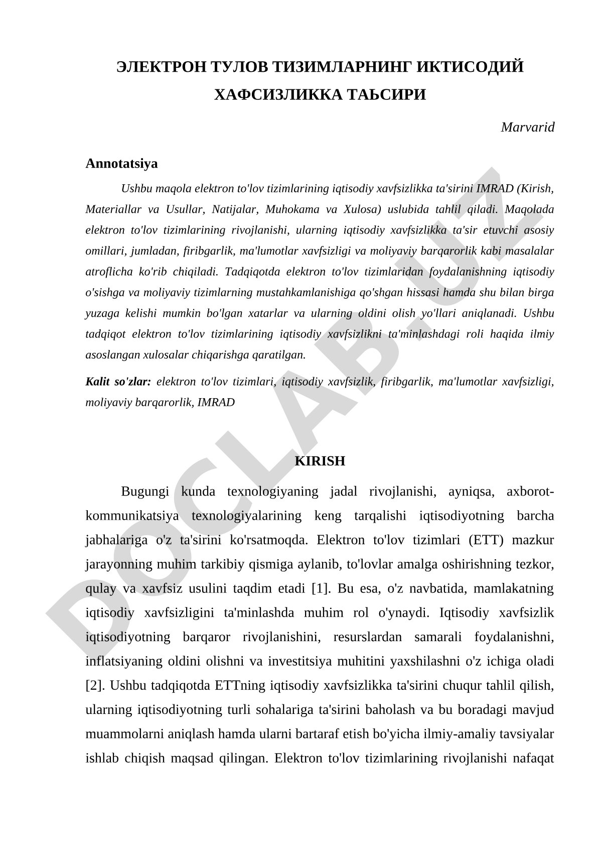 Elektron to'lov tizimlarining iqtisodiy xavfsizlikka ta'siri