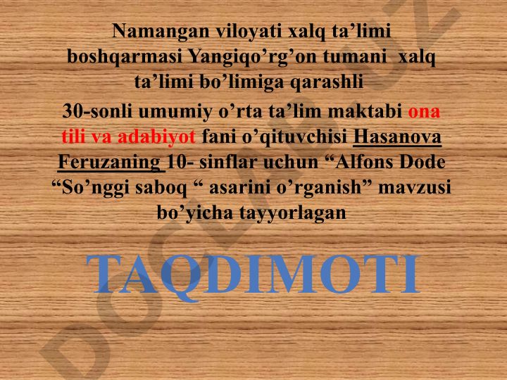 Alfons Dode "So'nggi saboq" asarini o'rganish