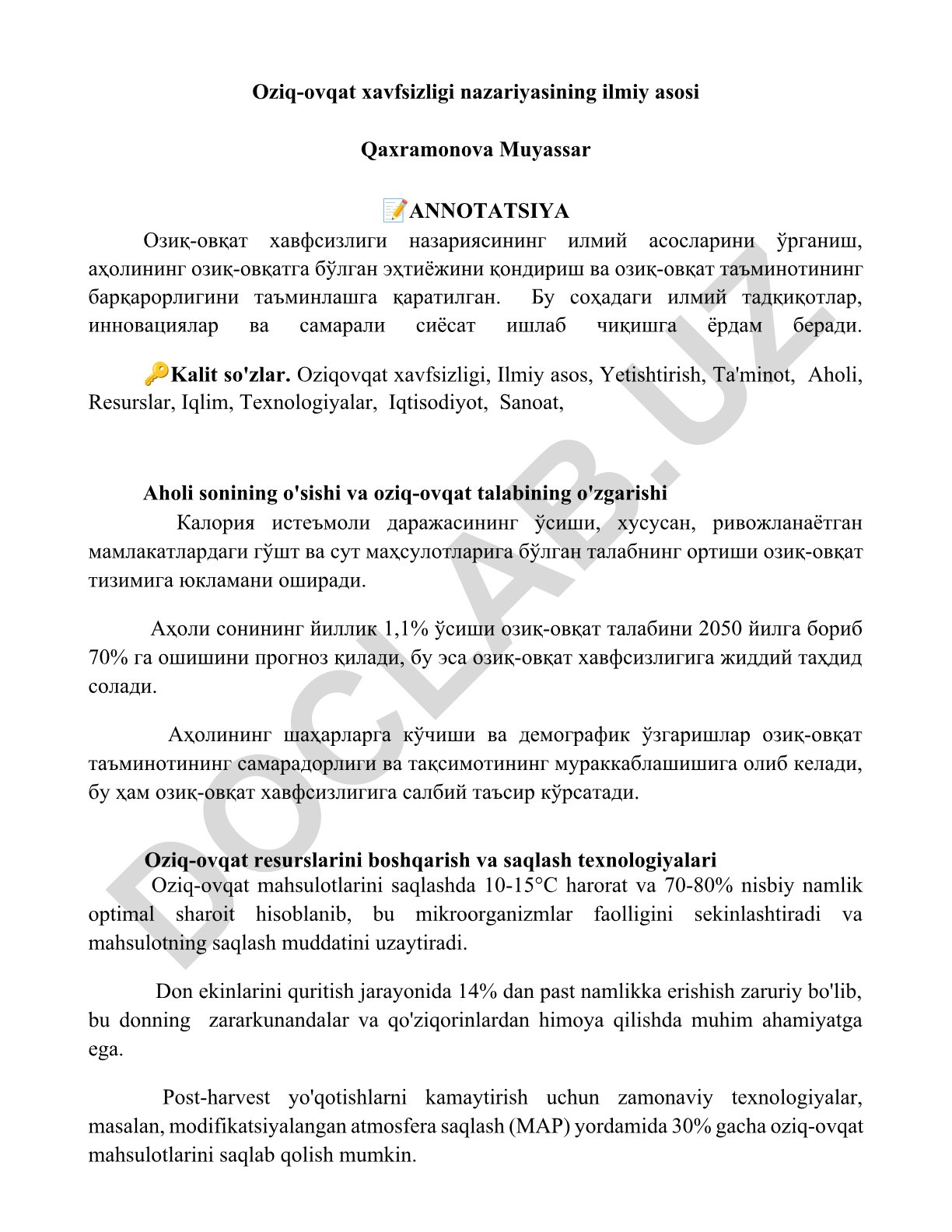 Oziq-ovqat xavfsizligi nazariyasining ilmiy asosi
