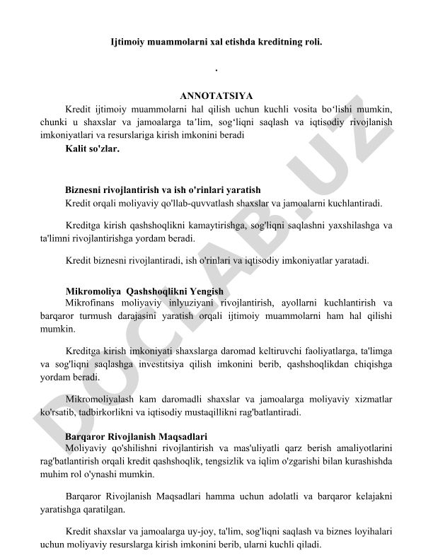 Ijtimoiy muammolarni xal etishda kreditning roli