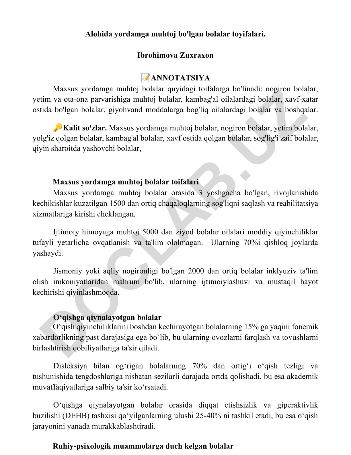 Maxsus yordamga muhtoj bolalar toifalari va ularning muammolari