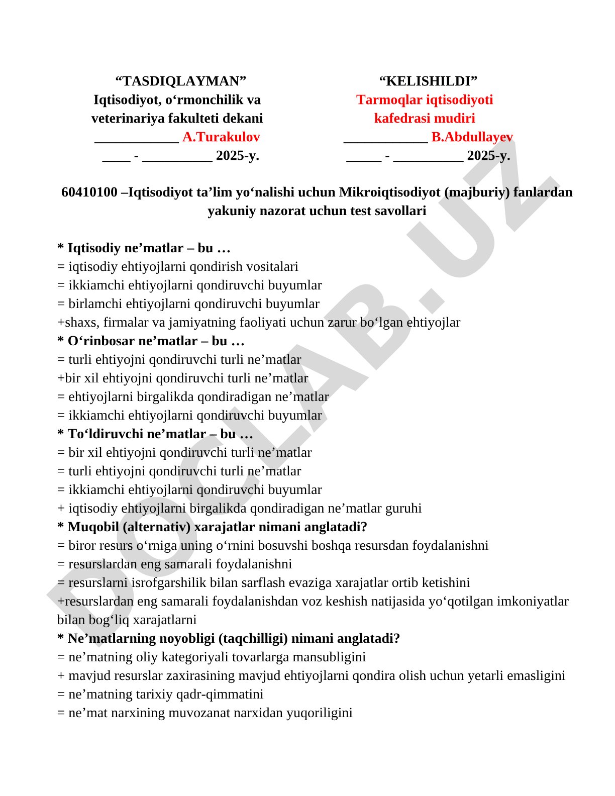 Mikroiqtisodiyot fanidan yakuniy nazorat test savollari
