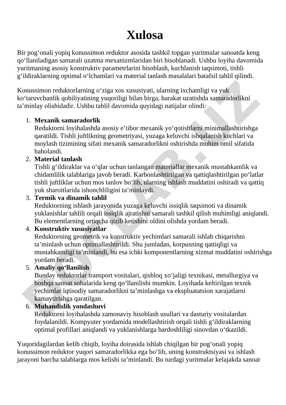 Bir pog‘onali yopiq konussimon reduktor asosidagi yuritma loyihasi