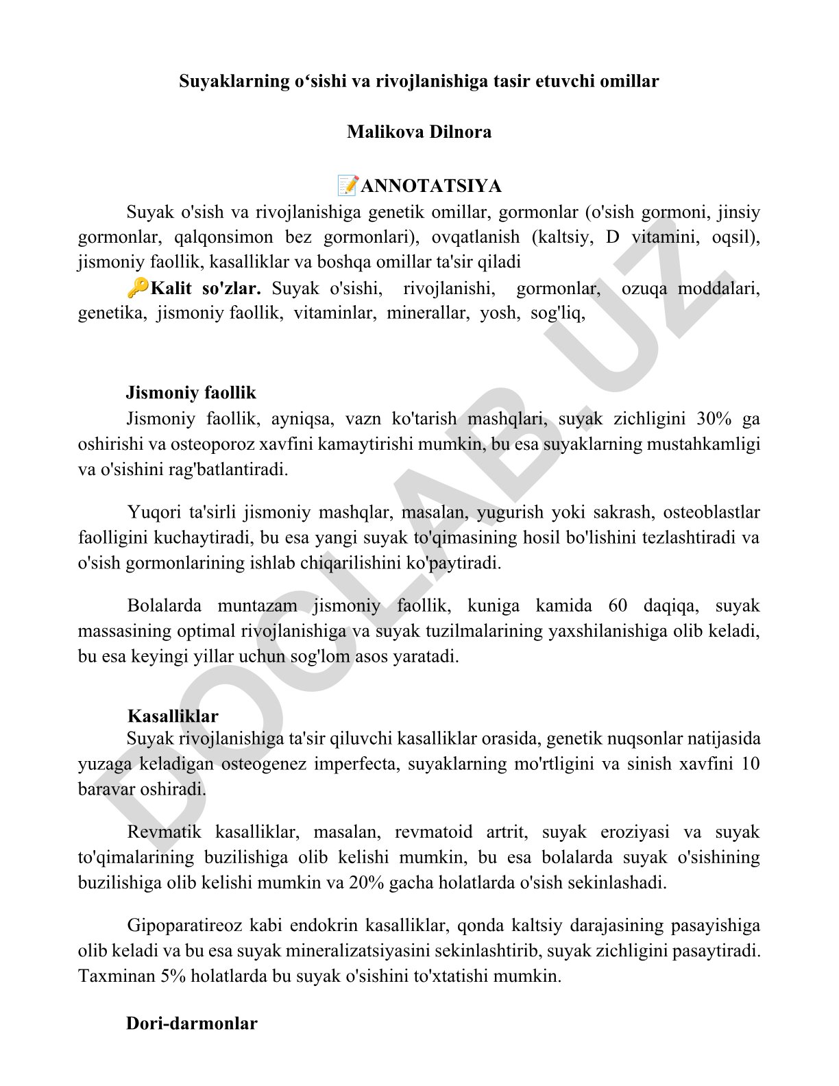 Suyaklarning o'sishi va rivojlanishiga ta'sir etuvchi omillar