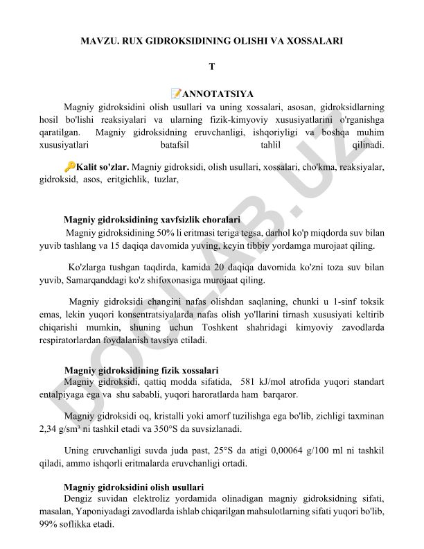Magniy gidroksidini olish usullari va uning xossalari