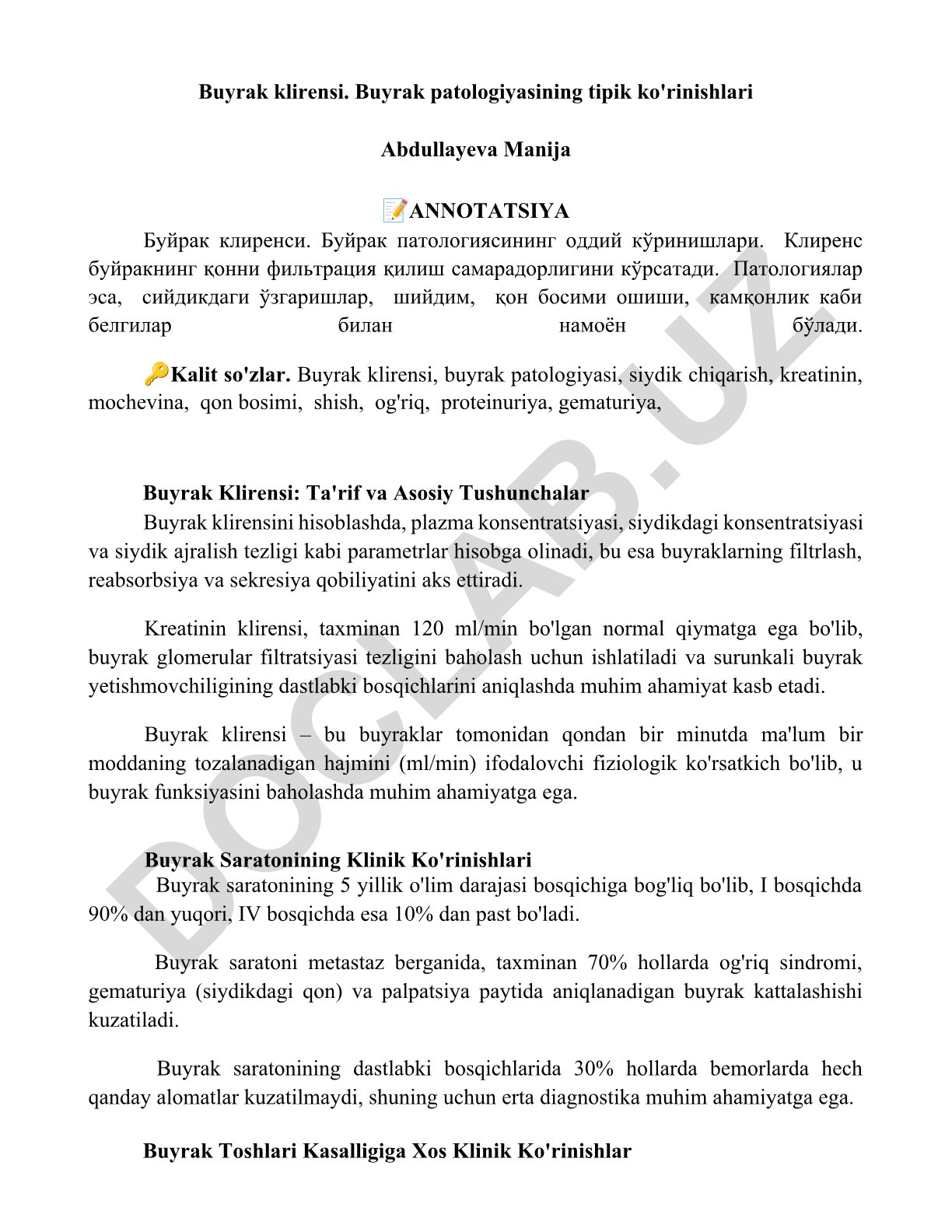 Buyrak klirensi va patologiyalarining tipik ko'rinishlari