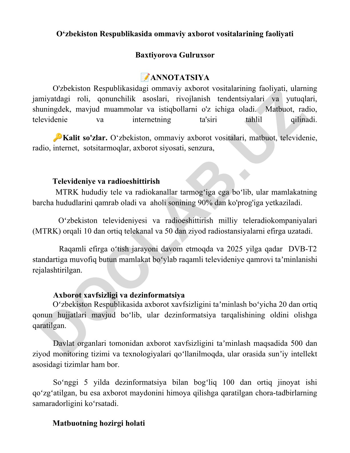 O‘zbekiston Respublikasida ommaviy axborot vositalarining faoliyati