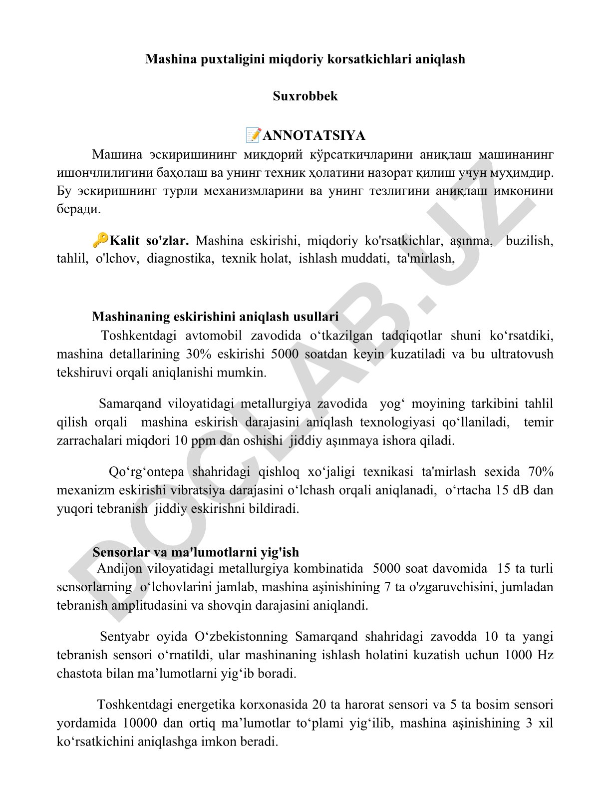 Mashina eskirishining miqdoriy ko'rsatkichlarini aniqlash