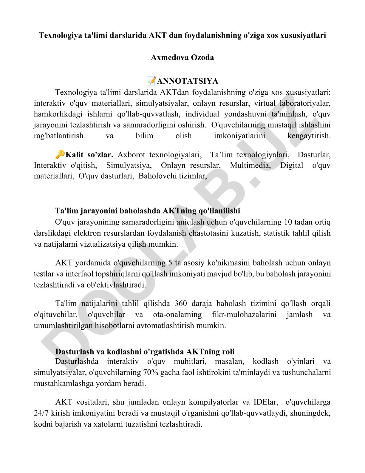 Texnologiya ta'limi darslarida AKTdan foydalanishning o'ziga xos xususiyatlari