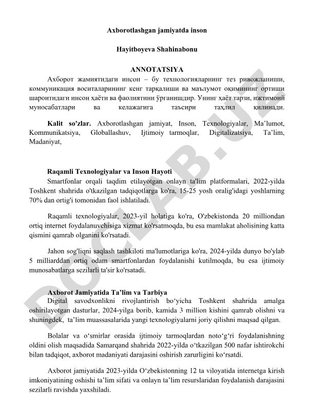 Axborotlashgan jamiyatda inson hayoti va faoliyati