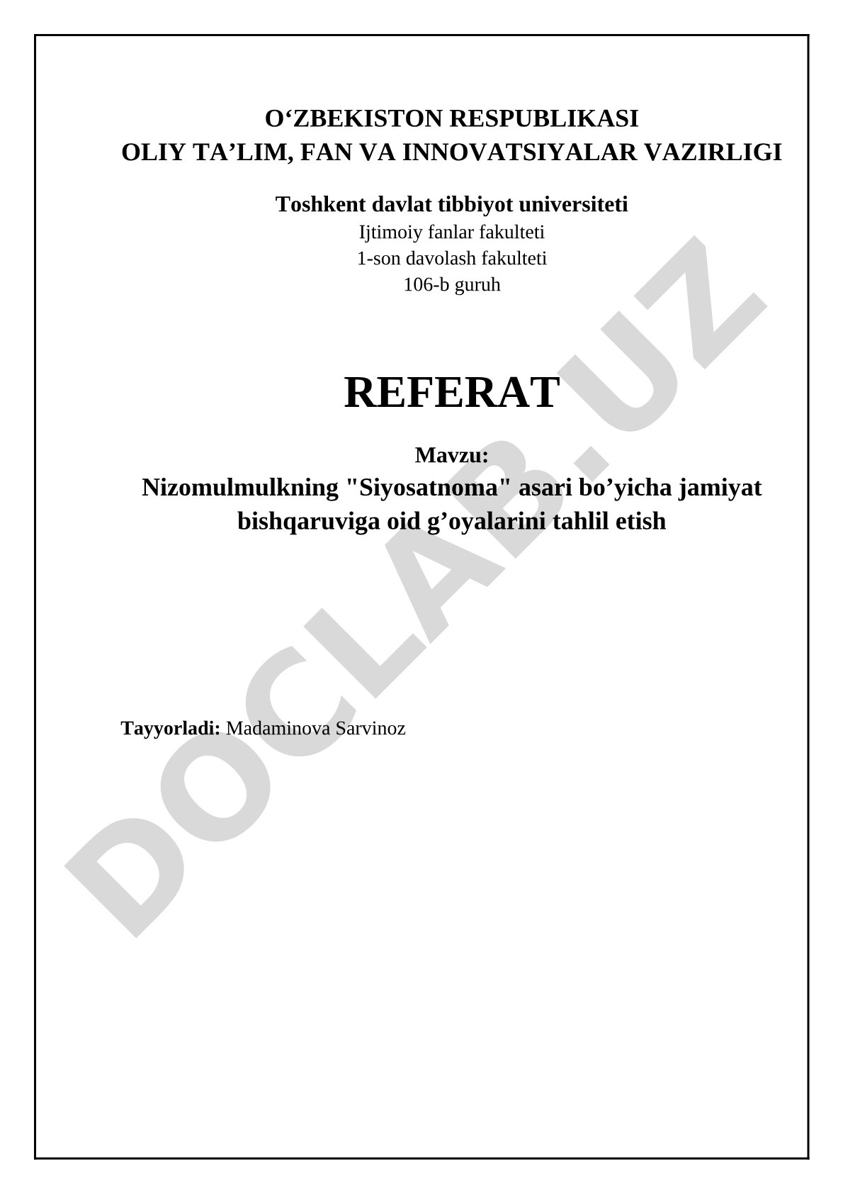 Nizomulmulkning "Siyosatnoma" asari bo'yicha jamiyat boshqaruviga oid g'oyalarini tahlil etish