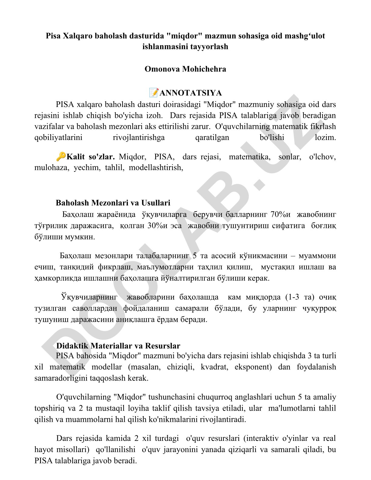 PISA xalqaro baholash dasturida Miqdor mazmun sohasiga oid dars rejasi