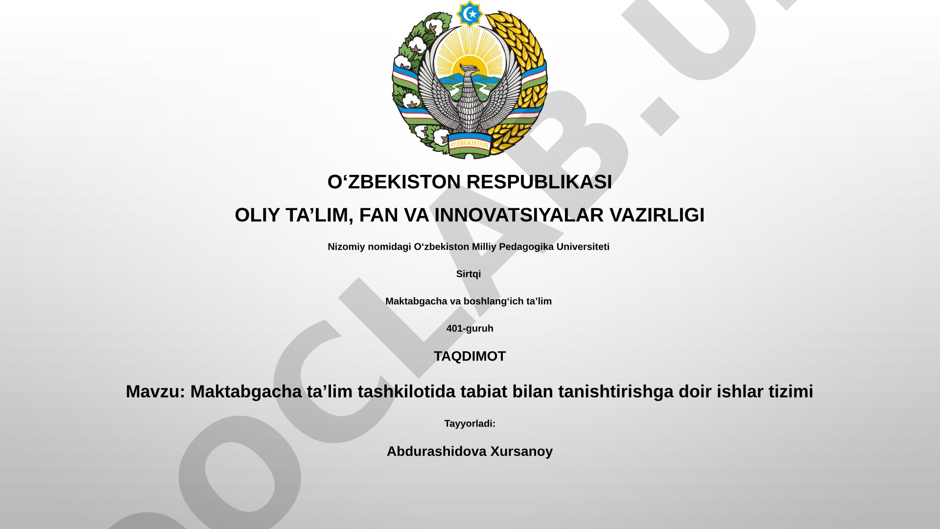 Maktabgacha taʼlim tashkilotida tabiat bilan tanishtirishga doir ishlar tizimi