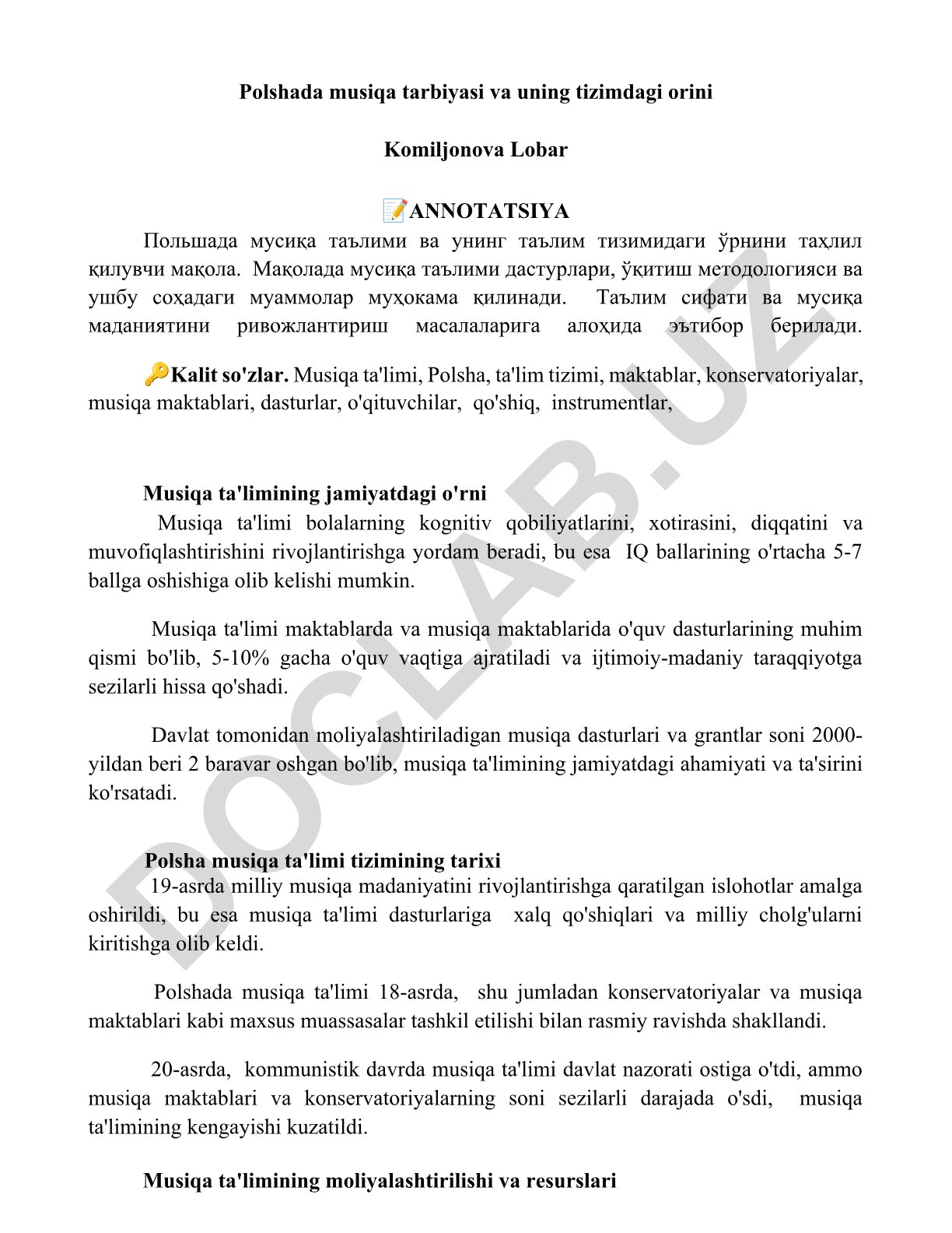 Polshada musiqa tarbiyasi va uning tizimdagi orni