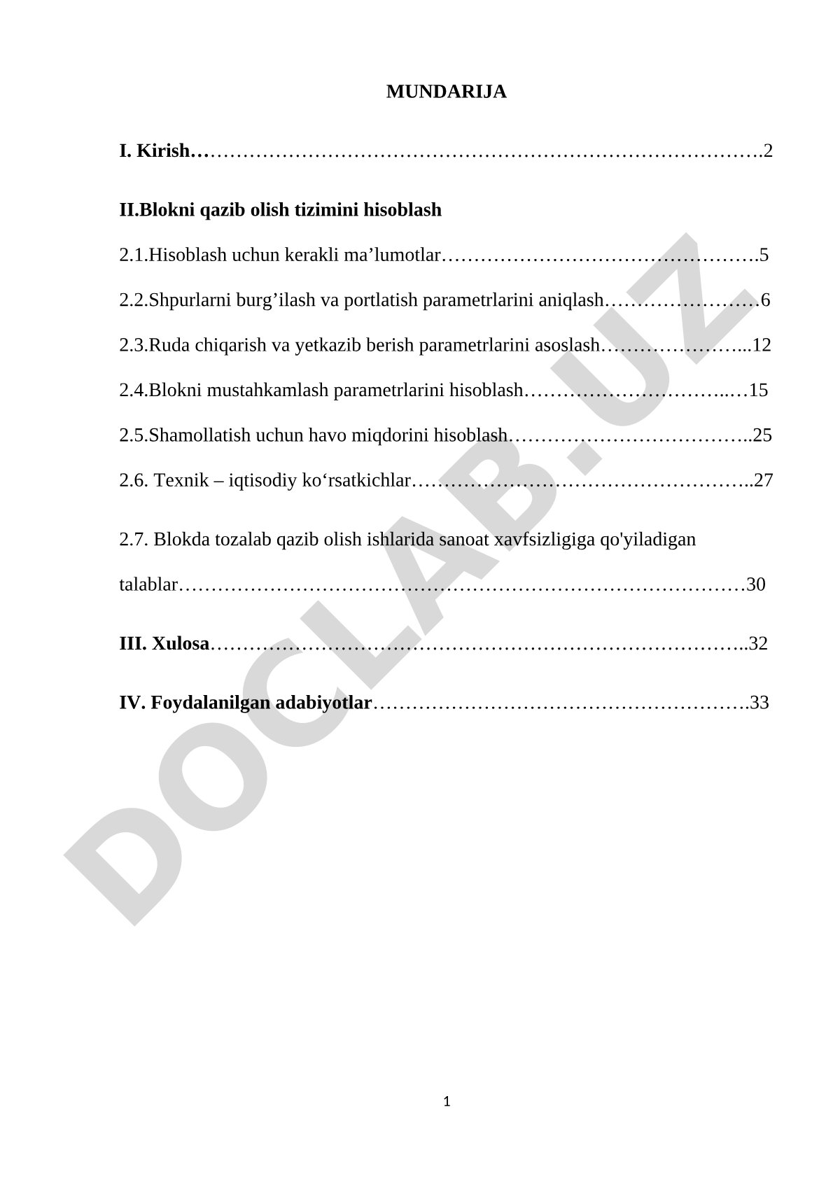 Blokni qazib olish tizimini hisoblash