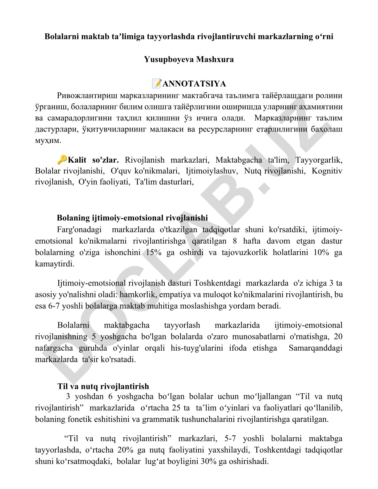 Bolalarni maktab taʼlimiga tayyorlashda rivojlantiruvchi markazlarning oʻrni