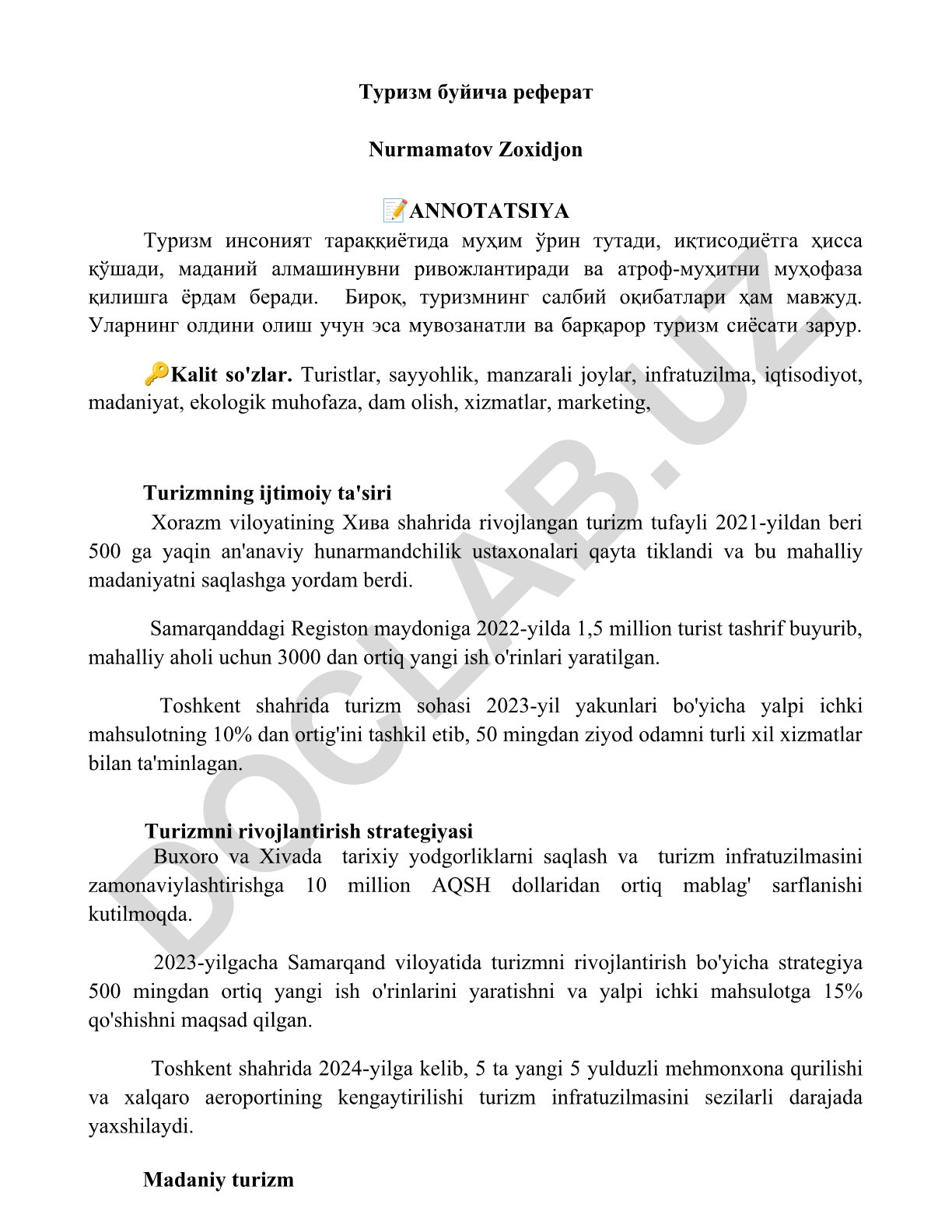 Turizmning iqtisodiy, madaniy va ekologik jihatlari
