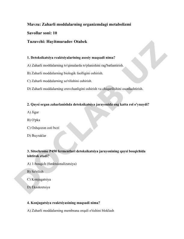 Zaharli moddalarning organizmdagi metabolizmi