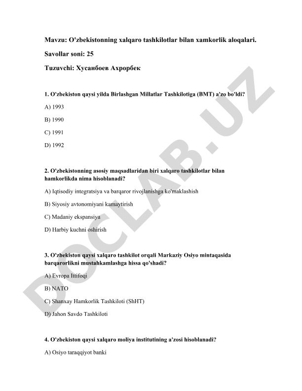O'zbekistonning xalqaro tashkilotlar bilan xamkorlik aloqalari