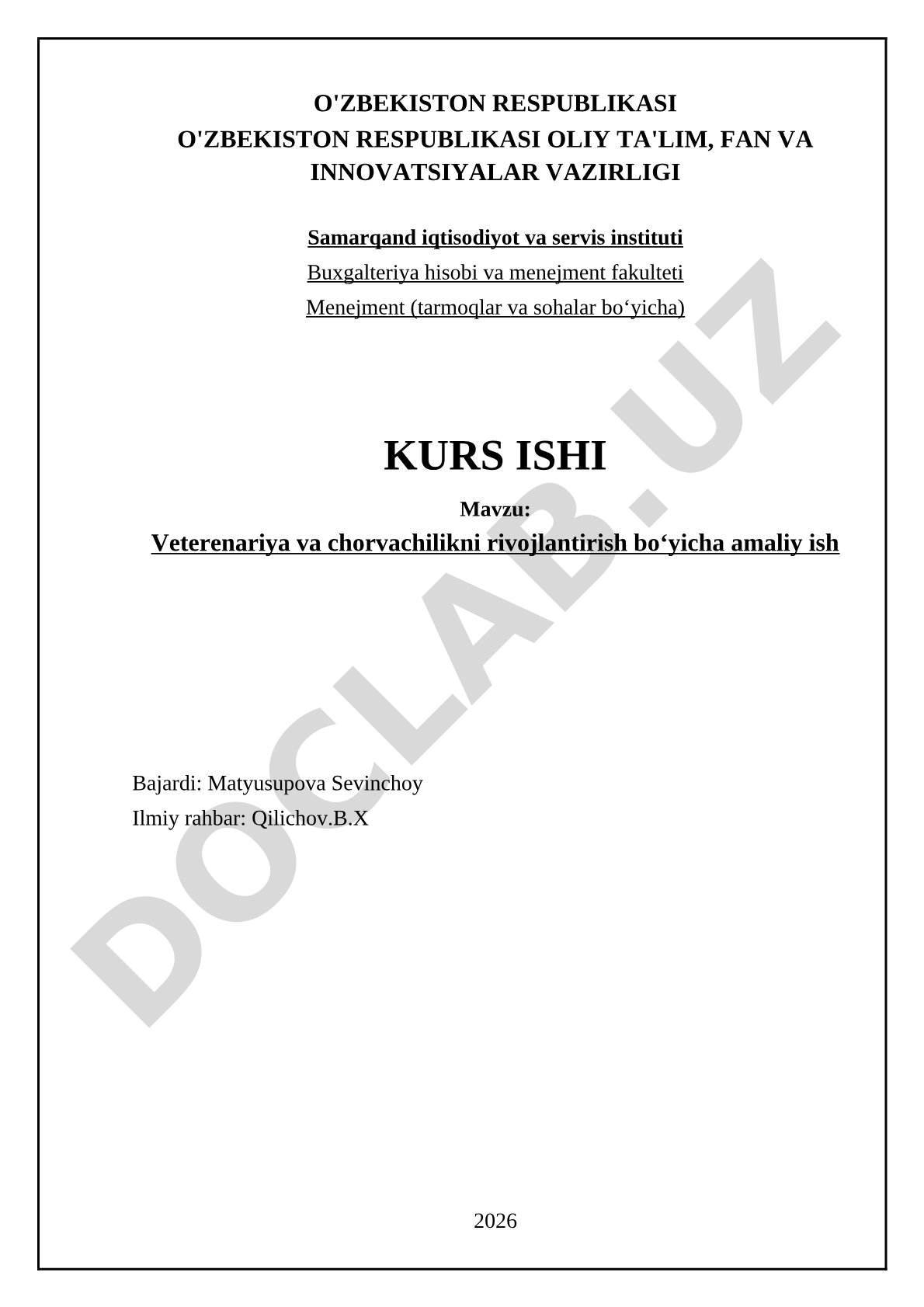 Veterenariya va chorvachilikni rivojlantirish bo'yicha amaliy ish